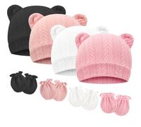 DRESHOW Bonnets de Naissance et Moufles de Protection Bébé Gants Bonnet Nouveau-né Bambin Doux Mignon Tricoté Chapeau 0-6 Mois, Taille Unique,4 Sets: Bear Ears Hats & Mittens 06UK