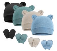 DRESHOW Bonnets de Naissance et Moufles de Protection Bébé Gants Bonnet Nouveau-né Bambin Doux Mignon Tricoté Chapeau 0-6 Mois, Taille Unique,4 Sets: Bear Ears Hats & Mittens 04UK