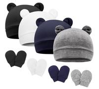 DRESHOW Bonnets de Naissance et Moufles de Protection Bébé Gants Bonnet Nouveau-né Bambin Doux Mignon Tricoté Chapeau 0-6 Mois, Taille Unique,4 Sets: Bear Ears Hats & Mittens 04UK