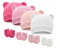 DRESHOW Bonnets de Naissance et Moufles de Protection Bébé Gants Bonnet Nouveau-né Bambin Doux Mignon Tricoté Chapeau 0-6 Mois, Taille Unique,4 Sets: Bear Ears Hats & Mittens 06UK