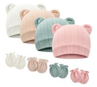 DRESHOW Bonnets de Naissance et Moufles de Protection Bébé Gants Bonnet Nouveau-né Bambin Doux Mignon Tricoté Chapeau 0-6 Mois, Taille Unique,4 Sets: Bear Ears Hats & Mittens 05UK