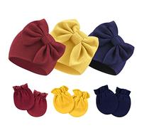 DRESHOW Bonnets de Naissance et Moufles de Protection Bébé Gants Bonnet Nouveau-né Bambin Doux Mignon Tricoté Chapeau, Taille unique, 3 sets: Bow hats & mittens Set-19UK