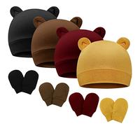 DRESHOW Bonnets de Naissance et Moufles de Protection Bébé Gants Bonnet Nouveau-né Bambin Doux Mignon Tricoté Chapeau 0-6 Mois, Taille Unique,4 Sets: Bear Ears Hats & Mittens 04UK
