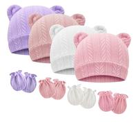 DRESHOW Bonnets de Naissance et Moufles de Protection Bébé Gants Bonnet Nouveau-né Bambin Doux Mignon Tricoté Chapeau 0-6 Mois, Taille Unique,4 Sets: Bear Ears Hats & Mittens 02UK