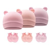 DRESHOW Bonnets de Naissance et Moufles de Protection Bébé Gants Bonnet Nouveau-né Bambin Doux Mignon Tricoté Chapeau 0-6 Mois, Taille Unique, 3 Sets: Bear Ears Hats & Mittens Set-14UK