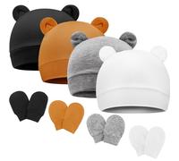 DRESHOW Bonnets de Naissance et Moufles de Protection Bébé Gants Bonnet Nouveau-né Bambin Doux Mignon Tricoté Chapeau 0-6 Mois, Taille Unique,4 Sets: Bear Ears Hats & Mittens 04UK