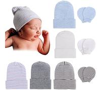 DRESHOW Bonnets de Naissance et Moufles de Protection Coton - 5 Pcs Bonnets Coordonnés et 3 Paires Mitaines Scratch de Protection Enfant Bébé Fille Garçon (0-3 Mois)