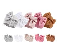 DRESHOW Bonnets de Naissance et Moufles de Protection Coton - 5 Pcs Bonnets Coordonnés et 5 Paires Mitaines Scratch de Protection Child Bébé Fille Garçon