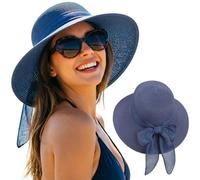 DRESHOW Chapeau de Soleil pour Femme Bord Large Chapeau de Soleil de Pplage Pliable pour l'été avec Cordon Anti-Vent UPF 50+