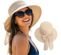 DRESHOW Chapeau de Soleil pour Femme Bord Large Chapeau de Soleil de Pplage Pliable pour l'été avec Cordon Anti-Vent UPF 50+