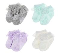 DRESHOW Chaussettes à nœud en Dentelle pour Bébé Chaussettes Habillées en Dentelle Froufroutante pour Nouveau-nés et Jeunes Filles, 12-24 mois, 4 Pairs Lace Socks Set-9
