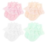 DRESHOW Chaussettes à nœud en Dentelle pour Bébé Chaussettes Habillées en Dentelle Froufroutante pour Nouveau-nés et Jeunes Filles, 12-24 mois, 4 Pairs Lace Socks Set-25