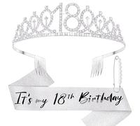DRESHOW Couronne et Écharpe de 18ème Anniversaire pour Femmes Couronne et Diadème de 16ème Anniversaire pour Fille Diadèmes en Strass Décorations Accessoires pour les Cheveux Écharpe