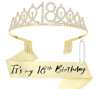DRESHOW Couronne et Écharpe de 18ème Anniversaire pour Femmes Couronne et Diadème de 16ème Anniversaire pour Fille Diadèmes en Strass Décorations Accessoires pour les Cheveux Écharpe