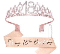 DRESHOW Couronne et Écharpe de 18ème Anniversaire pour Femmes Couronne et Diadème de 16ème Anniversaire pour Fille Diadèmes en Strass Décorations Accessoires pour les Cheveux Écharpe