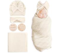 DRESHOW Couverture Bebe Naissance Emmaillotage Bébé pour Nouveau-Né Langes Bebe 80 x 80 cm Sac de Couchage avec Chapeau et Bandeau Nœud