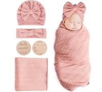 DRESHOW Couverture Bebe Naissance Emmaillotage Bébé pour Nouveau-Né Langes Bebe 80 x 80 cm Sac de Couchage avec Chapeau et Bandeau Nœud