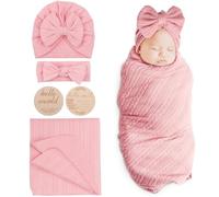 DRESHOW Couverture Bebe Naissance Emmaillotage Bébé pour Nouveau-Né Langes Bebe 80 x 80 cm Sac de Couchage avec Chapeau et Bandeau Nœud