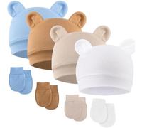 DRESHOW Ensemble Bonnet et Moufles Bébé Bonnet Bebe Naissance | Pour 0-6 Mois, Coton pour Bébé, Bonnet Tricoté à Oreilles D'ours et Moufles Anti-griffures