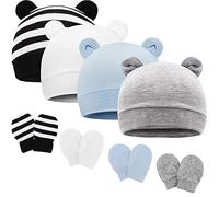 DRESHOW Ensemble Bonnet et Moufles Bébé Bonnet Bebe Naissance | Pour 0-6 Mois, Coton pour Bébé, Bonnet Tricoté à Oreilles D'ours et Moufles Anti-griffures