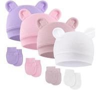 DRESHOW Ensemble Bonnet et Moufles Bébé Bonnet Bebe Naissance | Pour 0-6 Mois, Coton pour Bébé, Bonnet Tricoté à Oreilles D'ours et Moufles Anti-griffures