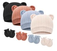 DRESHOW Ensemble Bonnet et Moufles Bébé Bonnet Bebe Naissance | Pour 0-6 Mois, Coton pour Bébé, Bonnet Tricoté à Oreilles D'ours et Moufles Anti-griffures