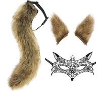 DRESHOW Ensemble Queue et Oreilles de Renard Loup Masque Dentelle, Longue Fausse Fourrure Queue Pince à Cheveux Oreille et Masque Cosplay Costume pour Halloween, Noël, Fête Costumée