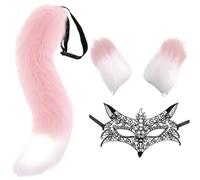 DRESHOW Ensemble Queue et Oreilles de Renard Loup Masque Dentelle, Longue Fausse Fourrure Queue Pince à Cheveux Oreille et Masque Cosplay Costume pour Halloween, Noël, Fête Costumée