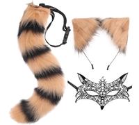 DRESHOW Ensemble Queue et Oreilles de Renard Loup Masque Dentelle, Longue Fausse Fourrure Queue Serre-tête Oreille et Masque Cosplay Costume pour Halloween, Noël, Fête Costumée