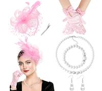DRESHOW Fascinator Chapeau pour Femme Cocktail Tea Party Chapeaude Pilulier en Voile Maillé et Plumes Chapeau de Derby et Gants Ensemble de Bijoux en Perles pour Fille et Femmes