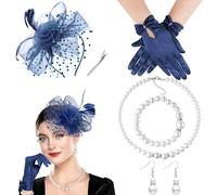 DRESHOW Fascinator Chapeau pour Femme Cocktail Tea Party Chapeaude Pilulier en Voile Maillé et Plumes Chapeau de Derby et Gants Ensemble de Bijoux en Perles pour Fille et Femmes