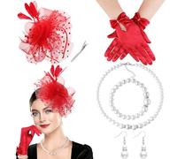 DRESHOW Fascinator Chapeau pour Femme Cocktail Tea Party Chapeaude Pilulier en Voile Maillé et Plumes Chapeau de Derby et Gants Ensemble de Bijoux en Perles pour Fille et Femmes