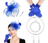DRESHOW Fascinator Chapeau pour Femme Cocktail Tea Party Chapeaude Pilulier en Voile Maillé et Plumes Chapeau de Derby et Gants Ensemble de Bijoux en Perles pour Fille et Femmes