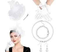 DRESHOW Fascinator Chapeau pour Femme Cocktail Tea Party Chapeaude Pilulier en Voile Maillé et Plumes Chapeau de Derby et Gants Ensemble de Bijoux en Perles pour Fille et Femmes