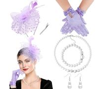 DRESHOW Fascinator Chapeau pour Femme Cocktail Tea Party Chapeaude Pilulier en Voile Maillé et Plumes Chapeau de Derby et Gants Ensemble de Bijoux en Perles pour Fille et Femmes
