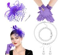 DRESHOW Fascinator Chapeau pour Femme Cocktail Tea Party Chapeaude Pilulier en Voile Maillé et Plumes Chapeau de Derby et Gants Ensemble de Bijoux en Perles pour Fille et Femmes