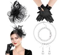 DRESHOW Fascinator Chapeau pour Femme Cocktail Tea Party Chapeaude Pilulier en Voile Maillé et Plumes Chapeau de Derby et Gants Ensemble de Bijoux en Perles pour Fille et Femmes