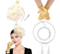 DRESHOW Fascinator Chapeau pour Femme Cocktail Tea Party Chapeaude Pilulier en Voile Maillé et Plumes Chapeau de Derby et Gants Ensemble de Bijoux en Perles pour Fille et Femmes