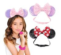 DRESHOW Minnie Oreilles Bandeaux Souris Oreilles Paillettes Arc Bandeaux Ajustable élastique Bandeau Paillettes Fête Décoration Costume Cosplay pour Femmes