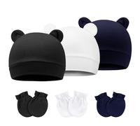 DRESHOW Nouveau-né Bébé Chapeaux Mitaines Ensemble Chapeau d'hôpital Bonnet Oreilles d'ours Coton Gants sans Rayures Mitaines pour Bébé 0-6 Mois