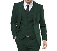 Dress Pants Men Retro Tweed Tuxedos Dress Wedding Prom Suits 3 Piece Peak Lapel Jacket Vest Pants Army Green Large