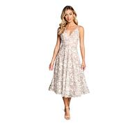 Dress the Population Robe midi évasée et ajustée sans Manches à décolleté Plongeant pour Femme, Blanc/doré, L