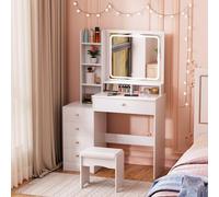 Dresseur éclairée à LED avec grand miroir, vanité de maquillage 5 tirages, lumières dimmables réglables en 3 couleurs, étagères ouvertes et tabourets, pour la chambre, l'organisation du Blanc
