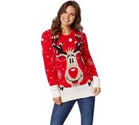 dressforfun 900828 Pull Noël Femme Motif Renne Rudolph Flocons de Neige Tricoté Mignon Doux Rouge Blanc - Diverses Tailles (M | no. 303346)