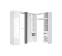 Dressing d'angle avec rideau et 1 porte - Avec miroir - L231 cm - Blanc et gris - BERTRAND