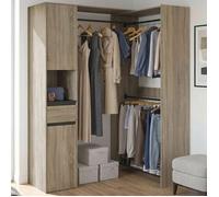 IDMarket - Dressing d'angle modulable MELMAN triple penderie bois et noir | Dressing réglable droit ou en angle, L. 145 / 203 cm, 2 placards, 5 étagères, 1 tiroir, 1 rangement chaussures