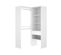 Dressing d'angle ouvert avec penderie à double tringles, 1 tiroir et 4 étagères, coloris blanc
