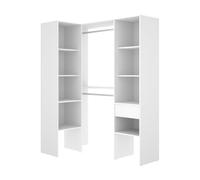 Dressing d'angle ouvert avec penderie à double tringles, 1 tiroir et 8 étagères, coloris blanc