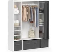 IDMarket - Dressing double penderie DIANE 140 x 45 x 167 cm blanc avec étagères + boites de rangement + rideau gris
