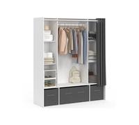 Dressing double penderie DIANE 140 x 45 x 167 cm blanc avec étagères + boites de rangement + rideau gris